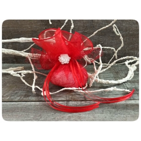 Μπομπονιέρα γάμου οργάντζα κόκκινη με ρέλι, δίιχτυ αράχνη και κουκουνάρι - ΚΩΔ:Mpo-2510381-Rd