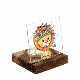 Plexiglass με Λιοντάρι Ινδιάνος σε Ξύλινη Βάση Ρεσώ 8X8X9.5cm - ΚΩΔ:M10263-AD