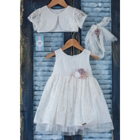 Βαπτιστικό Φόρεμα με δαντέλα και πούλιες, Μπολερό και Κορδέλα - Σετ 3 Τμχ - ΚΩΔ:K54E-MKD