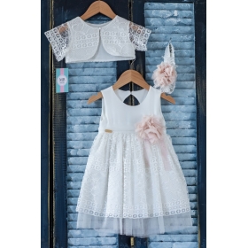 Βαπτιστικό Φόρεμα με τούλι και δαντέλα, μπολερό και κορδέλα μαλλιών - Σετ 3 Τμχ - ΚΩΔ:K73E-MKD
