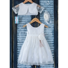 Βαπτιστικό Φόρεμα με ανάφλυφη δαντέλα, μπολερό και κορδέλα μαλλιών - Σετ 3 Τμχ - ΚΩΔ:K114-MKD
