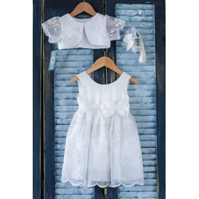Βαπτιστικό Φόρεμα με σατέν μπούστο μπολερό και κορδέλα μαλλιών - Σετ 3 Τμχ - ΚΩΔ:K79-MKD