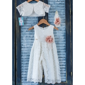 Βαπτιστική ολόσωμη φόρμα με ανάγλυφη δαντέλα, μπολερό και κορδέλα μαλλιών - Σετ 3 Τμχ - ΚΩΔ:K81E-MKD