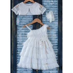 Βαπτιστικό Φόρεμα Boho με βολάν, μπολερό και κορδέλα μαλλιών - Σετ 3 Τμχ - ΚΩΔ:K101-MKD