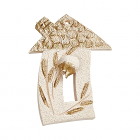 Κεραμικό Λευκό-Χρυσό Σπιτάκι με Ρόδι και Φύλλα Ελιάς 7.5Χ9.5cm - ΚΩΔ:M10528-AD