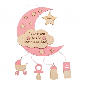 Ξύλινο Κρεμαστό Ροζ Φεγγαράκι Babyshower με Όνομα και Ξύλινα Διασκομητικά 32X56cm - ΚΩΔ:M3944-AD