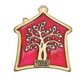 Μεταλλικό Κρεμαστό Γούρι 2023 Χρυσό-Κόκκινο Σπίτι με Ροδιά 5.7X6.2cm - ΚΩΔ:M2023-3148-AD