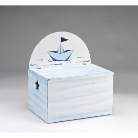 Ξύλινο λευκο-σιέλ κουτί βάπτισης με καράβακι 49X35X50cm - ΚΩΔ:M4275-AD