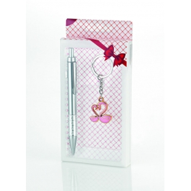 Μεταλλικό στυλό και μπρελόκ ροζ κύκνοι σε κουτί 9X18cm - ΚΩΔ:203-77461-MPU