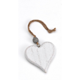 Ξύλινη λευκή καρδιά με σχοινάκι και χάντρα 8X8cm - ΚΩΔ:208-8044-MPU