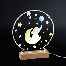 Plexiglass εκτυπωμένο με φεγγάρι-ελεφαντάκι σε LED ξύλινη βάση - ΚΩΔ:M12004-AD