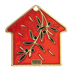 Μεταλλικό κρεμαστό κόκκινο σπίτι με κλαδί ελιάς και χρονολογία 4.7X4.7cm - ΚΩΔ:M2024-3134-AD