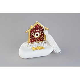 Γούρι σε βότσαλο με μεταλλικό χρυσό κόκκινο σπίτι - ματάκι - ΚΩΔ:EG19110-AD