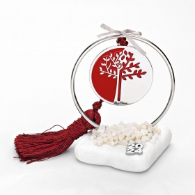 Γούρι Σε Βότσαλο - Μεταλλικός Ασημί Κύκλος Με Κόκκινο - Ασημένιο Δέντρο Και Κόκκινη Φούντα - ΚΩΔ:EG21133-AD