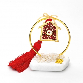 Γούρι Σε Βότσαλο - Μεταλλικός Χρυσός Κύκλος Με Κόκκινο Σπίτι Και Κόκκινη Φούντα - ΚΩΔ:EG21142-AD