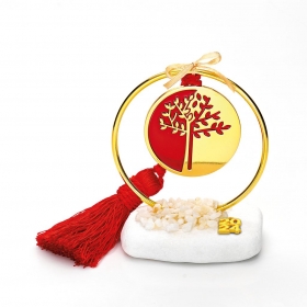 Γούρι Σε Βότσαλο - Μεταλλικός Χρυσός Κύκλος Με Κόκκινο-Χρυσό Δέντρο Και Κόκκινη Φούντα - ΚΩΔ:EG21143-AD