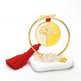 Γούρι Σε Βότσαλο - Μεταλλικός Χρυσός Κύκλος Με Ρόζ-Χρυσό Δέντρο Και Κόκκινη Φούντα - ΚΩΔ:EG21144-AD
