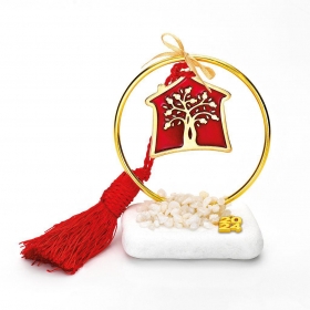 Γούρι Σε Βότσαλο - Μεταλλικός Χρυσός Κύκλος Με Δέντρο Σε Κόκκινο Σπίτι Και Κόκκινη Φούντα - ΚΩΔ:EG21146-AD