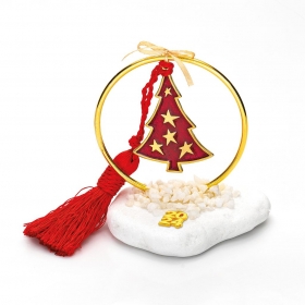 Γούρι Σε Βότσαλο - Μεταλλικός Χρυσός Κύκλος Με Χριστουγγενιάτικο Κόκκινο Δέντρο Και Κόκκινη Φούντα - ΚΩΔ:EG21147-AD