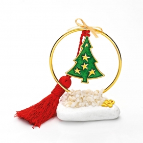 Γούρι Σε Βότσαλο - Μεταλλικός Χρυσός Κύκλος Με Χριστουγγενιάτικο Δέντρο Και Κόκκινη Φούντα - ΚΩΔ:EG21148-AD