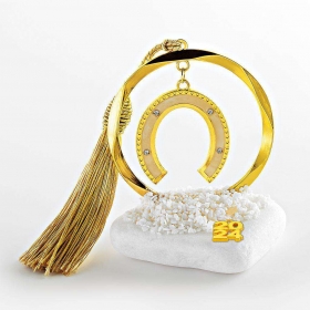 Γούρι Μεταλλικός Χρυσός Κύκλος με Χρυσό-Μπέζ Πέταλο σε Βότσαλο - ΚΩΔ:EG22035-AD