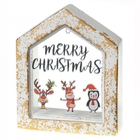 Γύψινο λευκό-χρυσό σπιτάκι με plexiglass - χριστουγεννιάτικα ζωάκια 9X11cm - ΚΩΔ:K698-NU