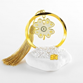 Γούρι μεταλλικός χρυσός κύκλος με λευκό τυχερό τριφύλλι-μάτι σε βότσαλο - ΚΩΔ:EG22034-AD