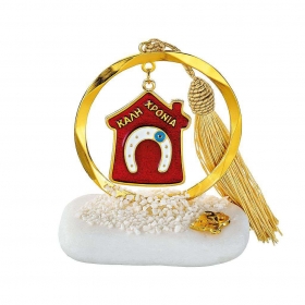 Γούρι μεταλλικός χρυσός κύκλος με κόκκινο σπίτι-πέταλο σε βότσαλο - ΚΩΔ:EG23112-AD