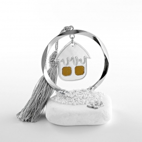 Γούρι μεταλλικός κύκλος με ασημί χιονισμένο σπίτι σε βότσαλο - ΚΩΔ:EG23451-AD