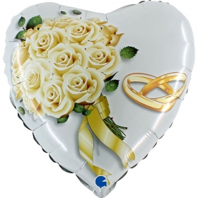 Μπαλόνι foil 45cm καρδιά με λευκά τριαντάφυλλα & βέρες - ΚΩΔ:78015-BB