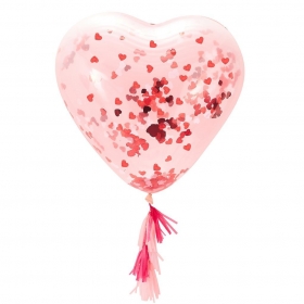 Μπαλόνι latex 92cm διάφανο με κομφετί καρδιές και φούντες - ΚΩΔ:VA-904-BB