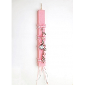 Πασχαλινή λαμπάδα ροζ με λουκετάκια καρδιές και ρολόι - ΚΩΔ:EL098-AD