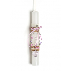 Πασχαλινή λαμπάδα με βραχιόλι σταυρό και ροζ χάντρες - ΚΩΔ:EL1037-AD
