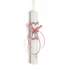 Πασχαλινή λαμπάδα με βραχιόλι σταυρό και ροζ χάντρες - ΚΩΔ:EL1050-AD