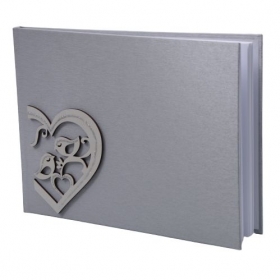Βιβλίο ευχών γάμου ασημί με ξύλινη καρδιά-πουλάκια - ΚΩΔ:BLB781S-G