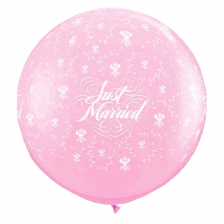 Ροζ Μπαλονια Latex 90Cm «Just Married» Με Λουλουδια Και Πεταλουδες – ΚΩΔ.:13530110-Bb