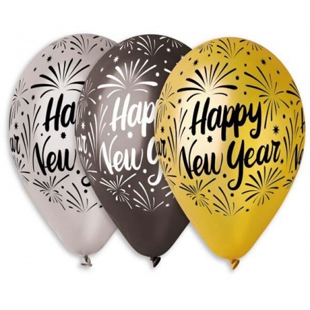 Τυπωμενα Μπαλονια Latex «Happy New Year» Σε Μαυρο Χρυσο Και Ασημι 13" (33Cm) – ΚΩΔ.:13613437-Bb