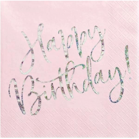 Χαρτοπετσετες Απαλο Ροζ Με Ασημι Happy Birthday 33Cm - ΚΩΔ:Sp33-80-081Pj-Bb