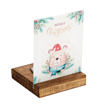 Plexiglass με Αρκουδάκι - Merry Christmas σε Ξύλινη Βάση Ρεσώ 8X8X11.5cm - ΚΩΔ:M10633-AD