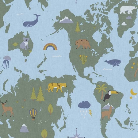 Ύφασμα με το μέτρο με γαλάζιο χάρτη ταξίδι στον κόσμο, φάρδος 140cm - ΚΩΔ:308335-NT