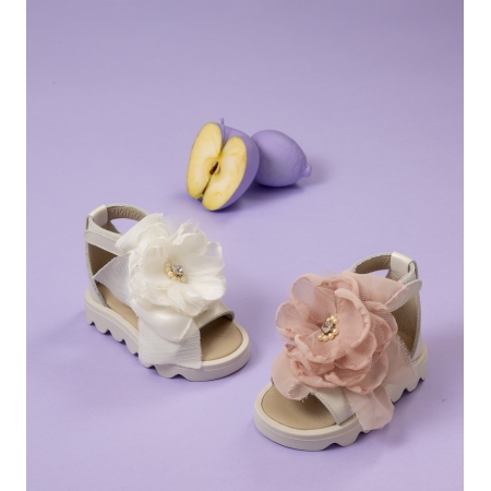 Παπουτσάκια Babywalker για Κορίτσι - Δερμάτινο Σανδάλι με Χειροποίητο Λουλούδι - Ζευγάρι - ΚΩΔ:EXC5800-BW