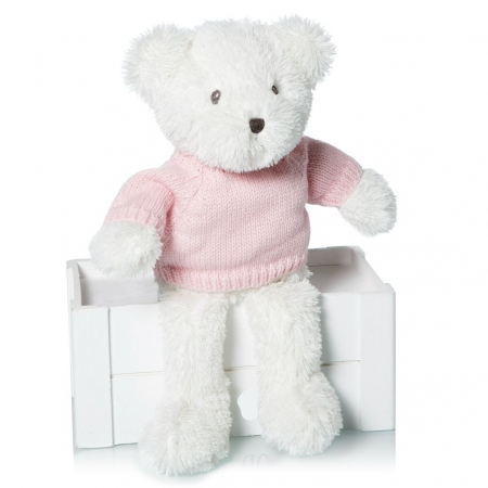 Λευκό Λούτρινο Αρκουδάκι με Ροζ Μπλουζάκι 28cm - ΚΩΔ:88013-1-BB