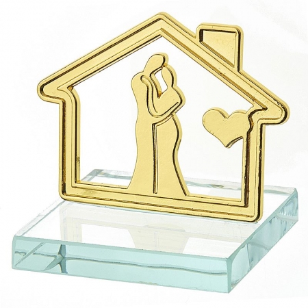 Μεταλλικό Σπιτάκι Με Ζευγάρι Χρυσο Σε Βάση Από Plexiglass 4Χ5cm - ΚΩΔ:NU2201-NU