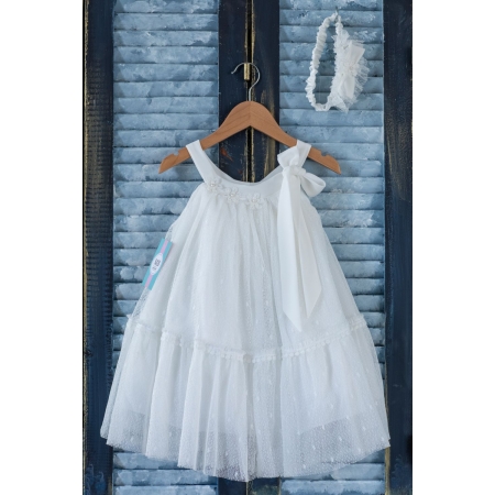 Βαπτιστικό Φόρεμα με τούλι πουά και κορδέλα - Σετ 2 Τμχ - ΚΩΔ:K83E-MKD