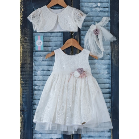Βαπτιστικό Φόρεμα με δαντέλα και πούλιες, Μπολερό και Κορδέλα - Σετ 3 Τμχ - ΚΩΔ:K54E-MKD