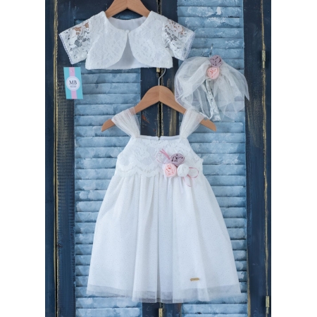 Βαπτιστικό Φόρεμα με γκλίτερ τούλι, μπολερό και κορδέλα μαλλιών - Σετ 3 Τμχ - ΚΩΔ:K45E-MKD