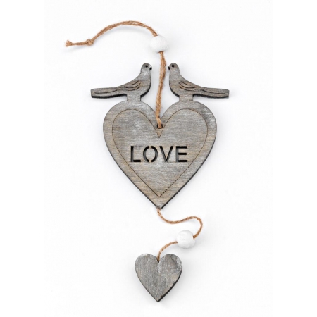 Ξύλινη γκρι καρδιά love με πουλάκια 9X10cm - ΚΩΔ:208-8636-MPU