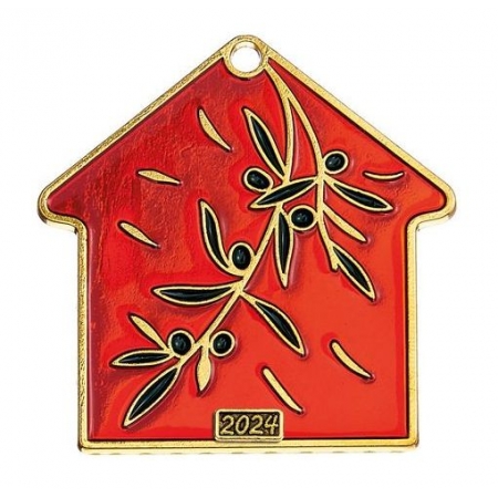 Μεταλλικό κρεμαστό κόκκινο σπίτι με κλαδί ελιάς και χρονολογία 4.7X4.7cm - ΚΩΔ:M2024-3134-AD
