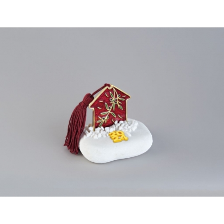Γούρι σε βότσαλο με μεταλλικό χρυσό κόκκινο σπίτι - κλαδί ελιάς - ΚΩΔ:EG19112-AD