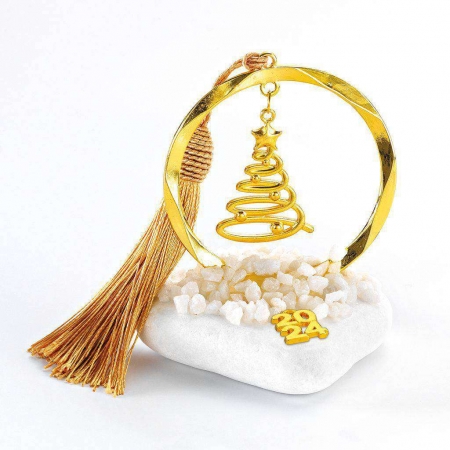 Γούρι Μεταλλικός Χρυσός Κύκλος με Χριστουγεννιάτικο Δέντρο σε Βότσαλο - ΚΩΔ:EG21087-AD